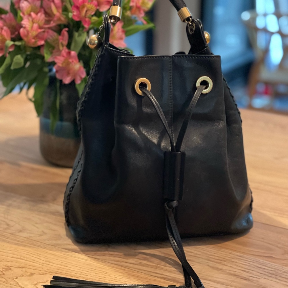 Chloe Black Leather Whipstitch Drawstring Shoulder Bag